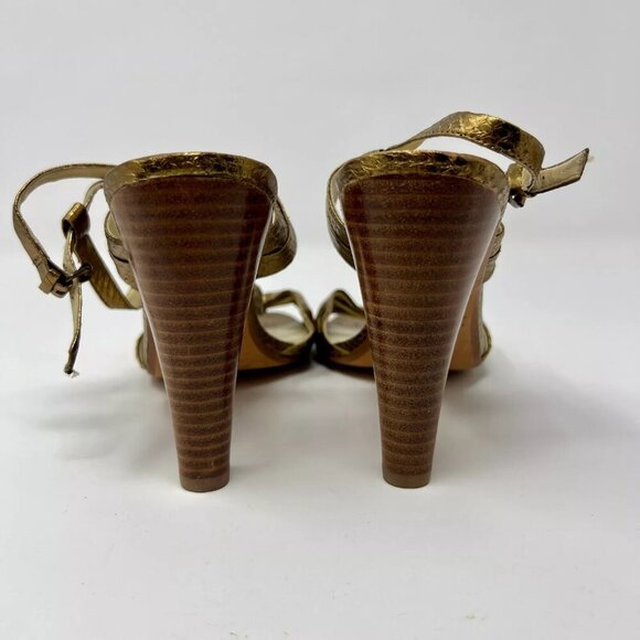 Max Studio Earling Gold Snakeskin Leather Ankle Strep Stacked Heel Size 8M - Picture 7 of 10